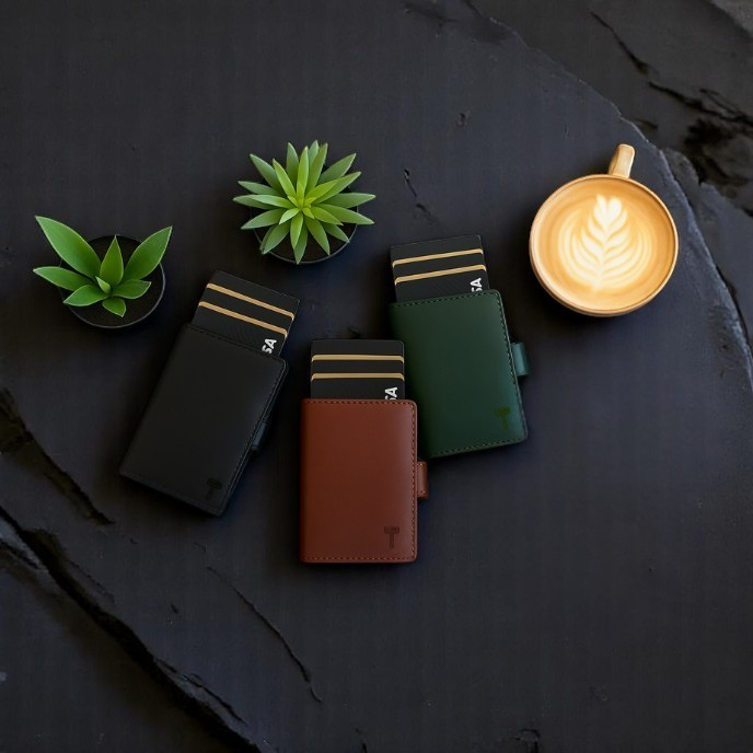 Hammer&Hide Genuine Saddle Leather Pop Up Wallet-Light Brown with Black Aluminum case - Unisex