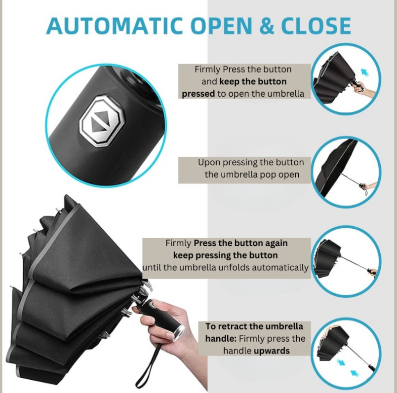Reptronic 10-Rib Auto Open/Close Umbrella With Durable Iron Alloy Frame - Black 10-Rib