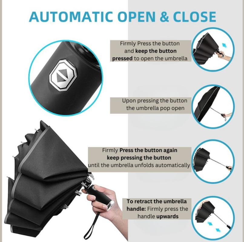 Reptronic 10-Rib Auto Open/Close Umbrella With Durable Iron Alloy Frame - Black 10-Rib