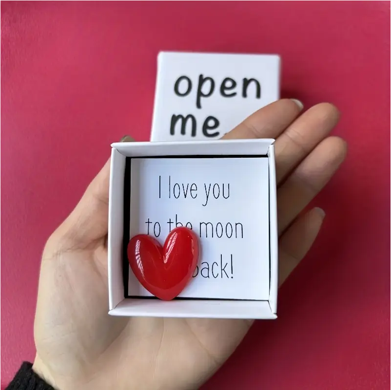 Message in a box with a Red Resin Heart: I love you to the moon & back