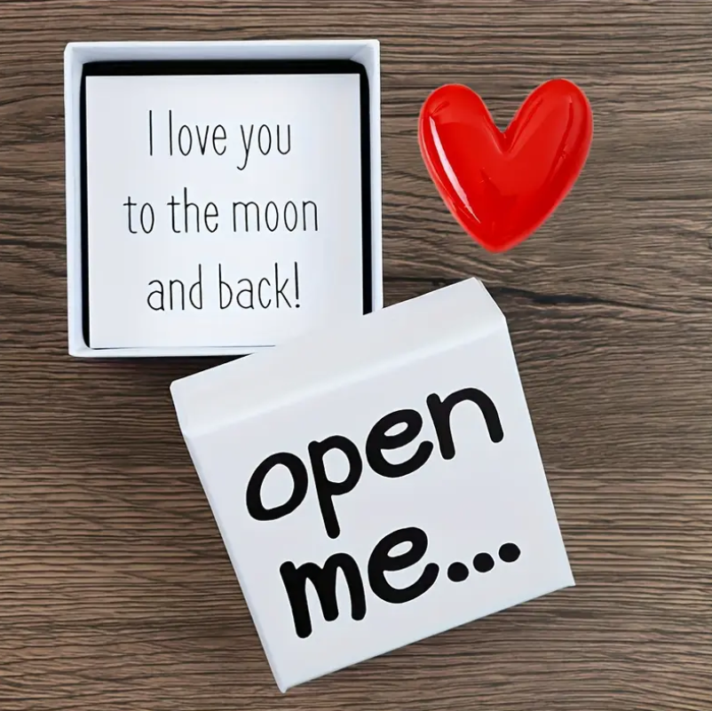 Message in a box with a Red Resin Heart: I love you to the moon & back