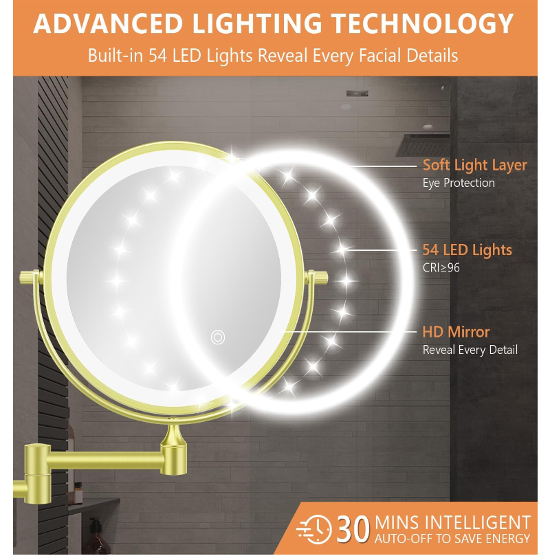 Reptronic Two sided LED wall mounted cosmetics mirror: X10 Magnifying