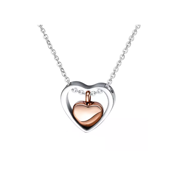 Memorial Safe Keeping Pendant - Silver heart with Rose gold heart