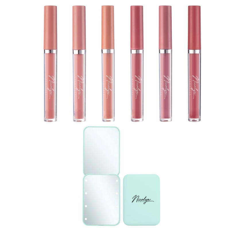 Nicolyn Matte Liquid Lipstick set with Pocket Makeup Mirror:Lighter Colors