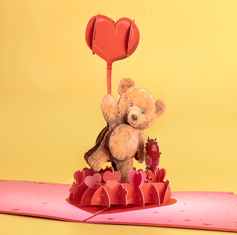 Cute Bear holding heart balloon Pop up 3D card with envelope