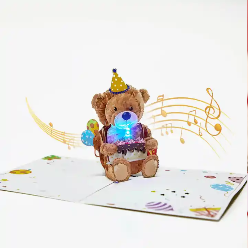 Cute Happy Birthday teddy bear Pop up 3D card with lights, music, envelope