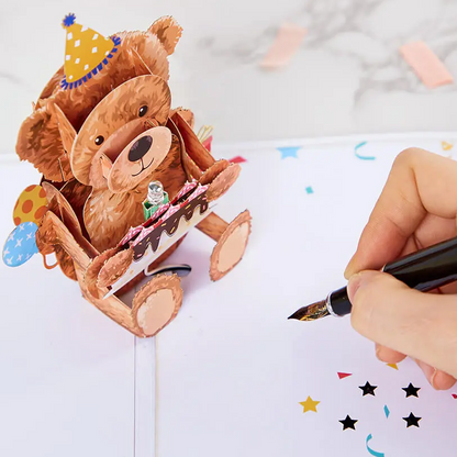 Cute Happy Birthday teddy bear Pop up 3D card with lights, music, envelope