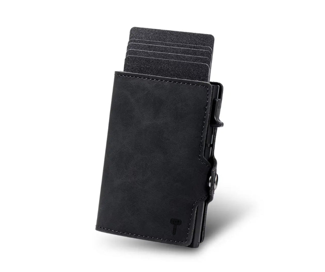 Hammer&Hide Genuine Saddle Leather Pop Up Wallet-Black with Black Aluminum case - Unisex