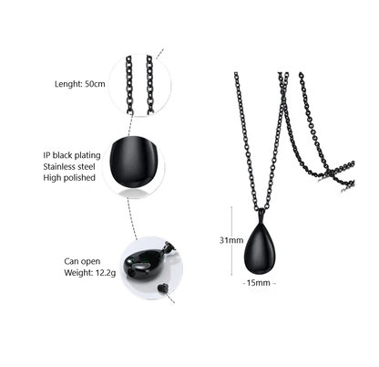 Memorial Safe Keeping Pendant - Stainless Steel Teardrop shape - Black