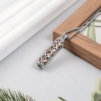 Memorial Safe Keeping Pendant- Pattern Steel Bar with Rose Gold capsule