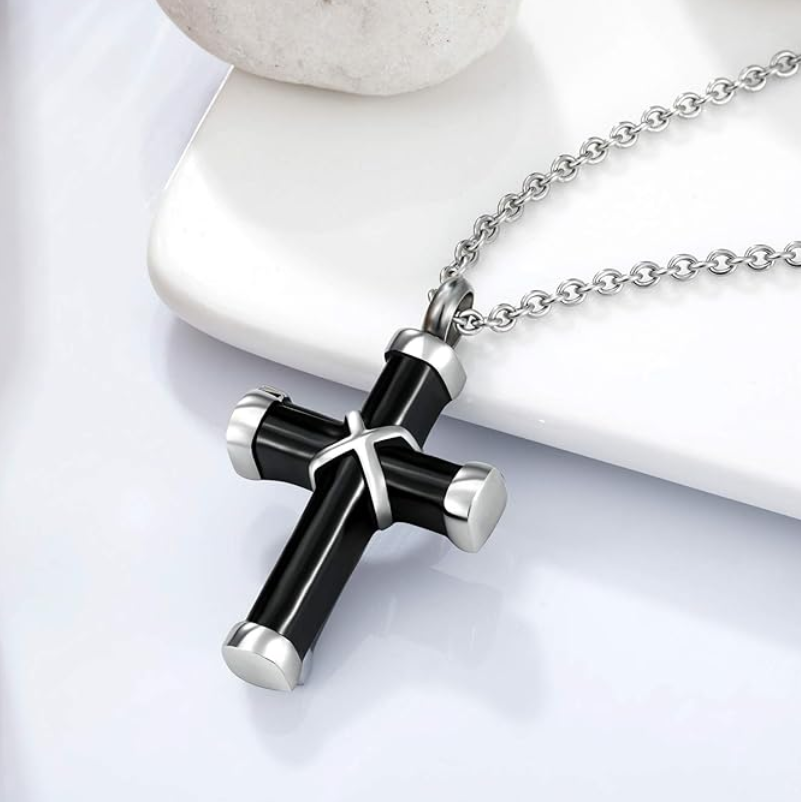 Memorial Safe Keeping Pendant - Cross with Silver Edges