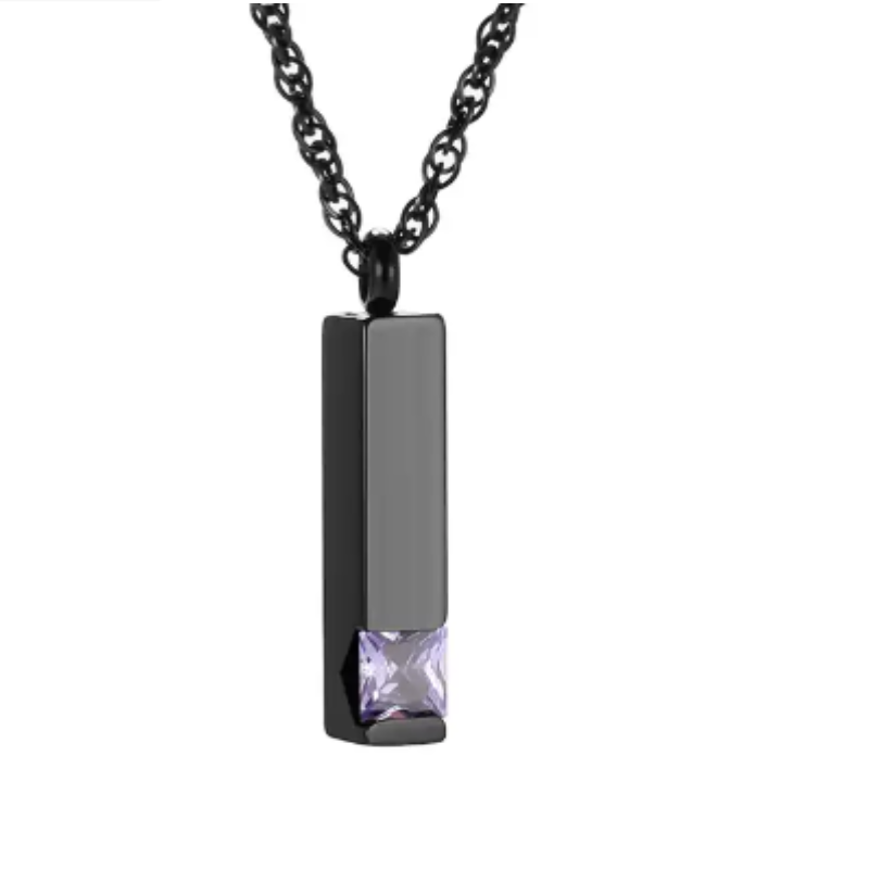 Memorial Safe Keeping Pendant-Black Stainless Steel Birthstone Vertical Bar