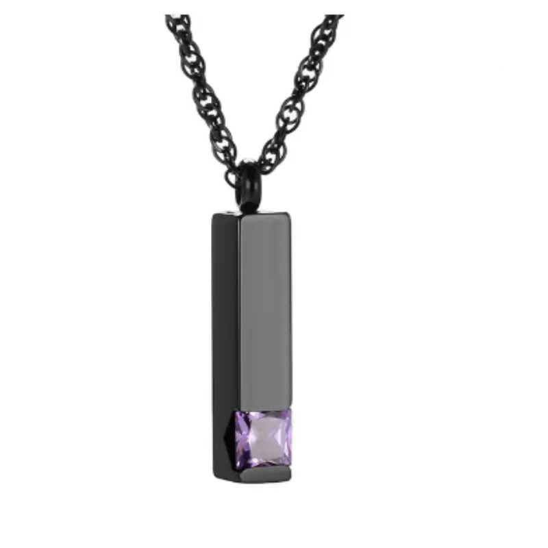 Memorial Safe Keeping Pendant-Black Stainless Steel Birthstone Vertical Bar