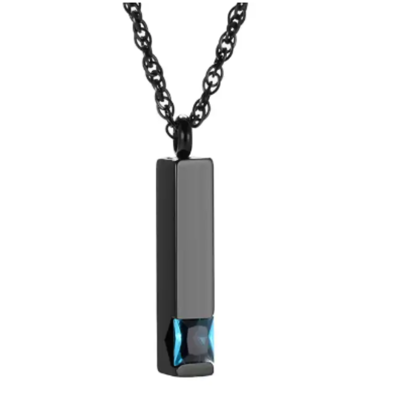 Memorial Safe Keeping Pendant-Black Stainless Steel Birthstone Vertical Bar