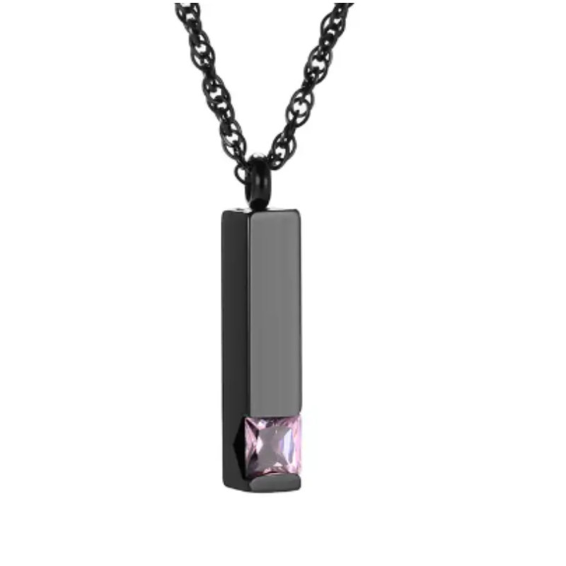 Memorial Safe Keeping Pendant-Black Stainless Steel Birthstone Vertical Bar