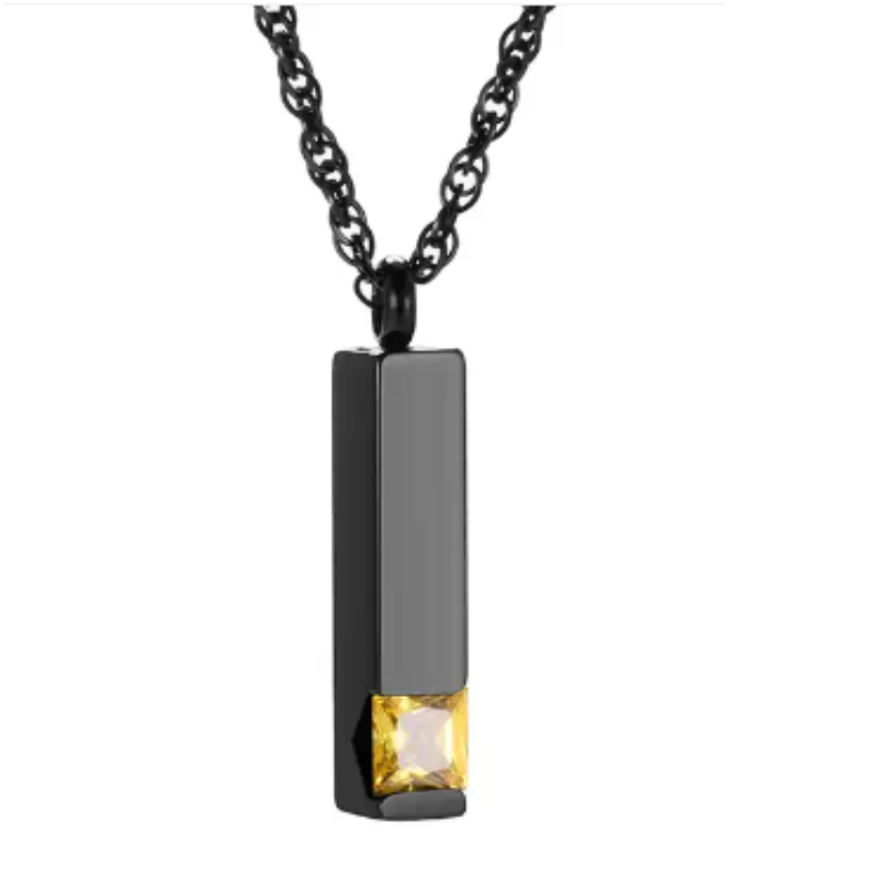 Memorial Safe Keeping Pendant-Black Stainless Steel Birthstone Vertical Bar