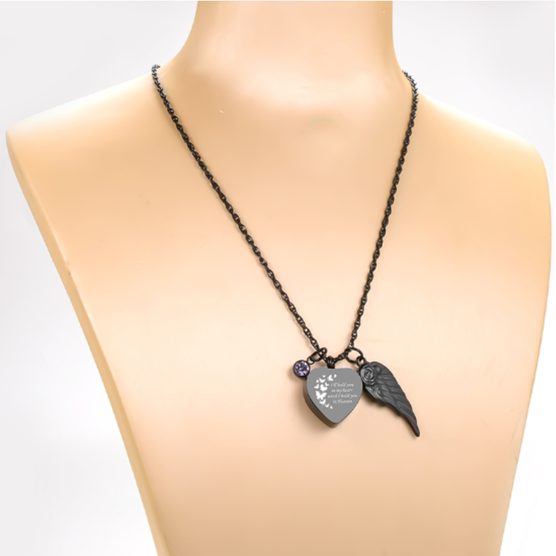 Memorial Safe Keeping Pendant - Stainless Steel Black Heart with Birthstone