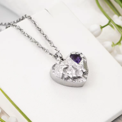 Memorial Safe Keeping Pendant - Silver heart with Purple heart Pendant Hollow Design, Cremains, Ashes - Stainless Steel Pendant