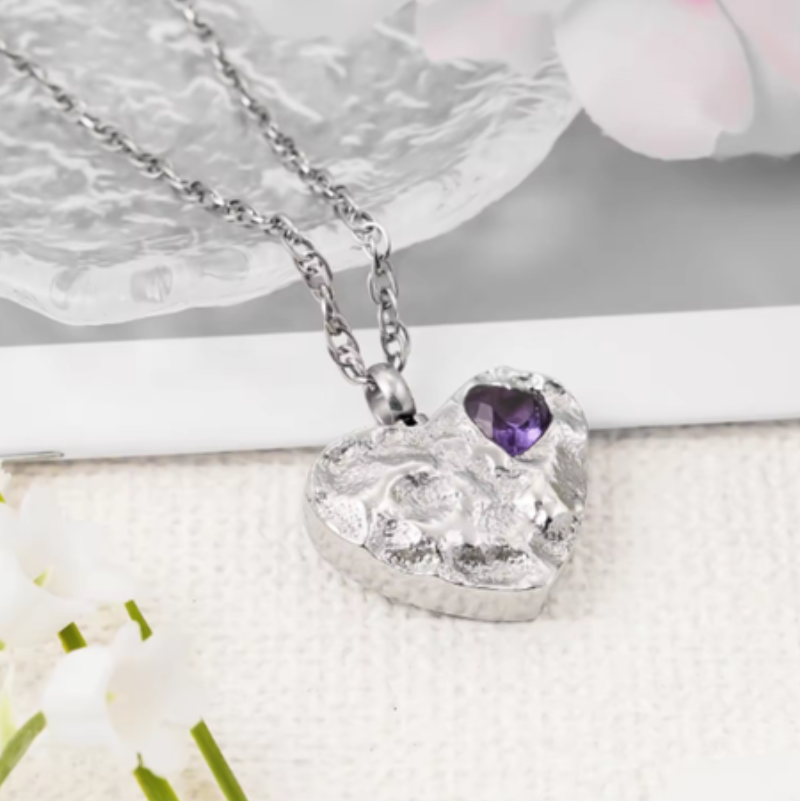 Memorial Safe Keeping Pendant - Silver heart with Purple heart Pendant Hollow Design, Cremains, Ashes - Stainless Steel Pendant