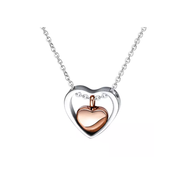 Memorial Safe Keeping Pendant - Silver heart with Rose gold heart