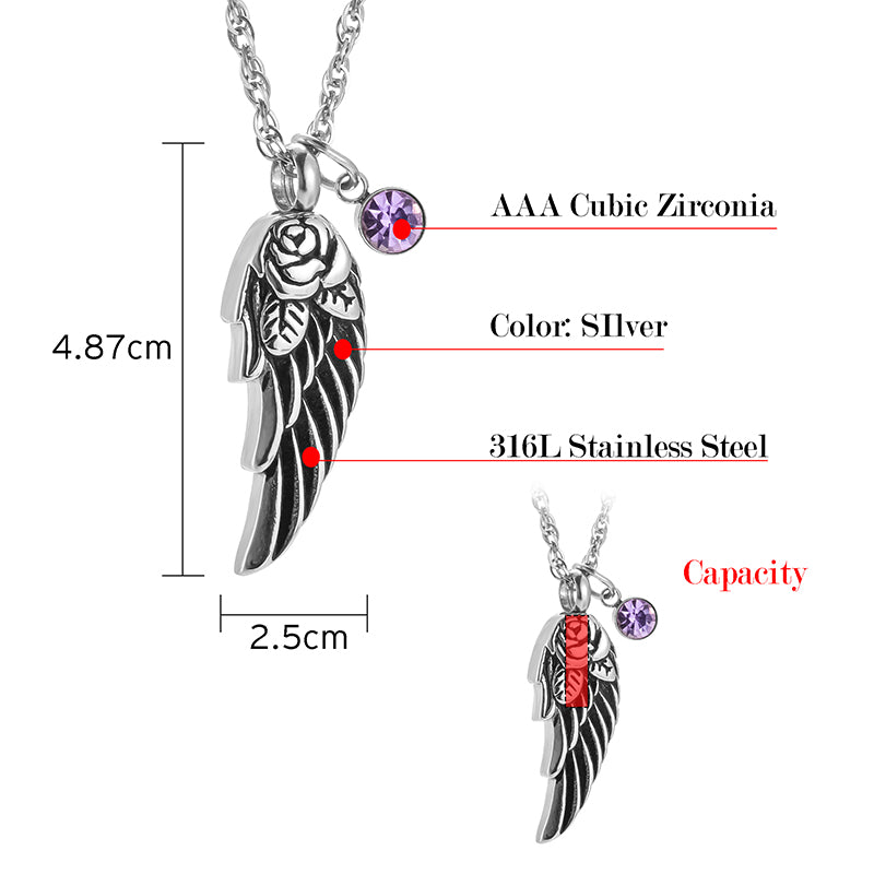 Memorial Safe Keeping Pendant - Angel Wing/Rose with 12 Birthstones
