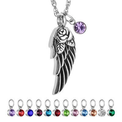 Memorial Safe Keeping Pendant - Angel Wing/Rose with 12 Birthstones